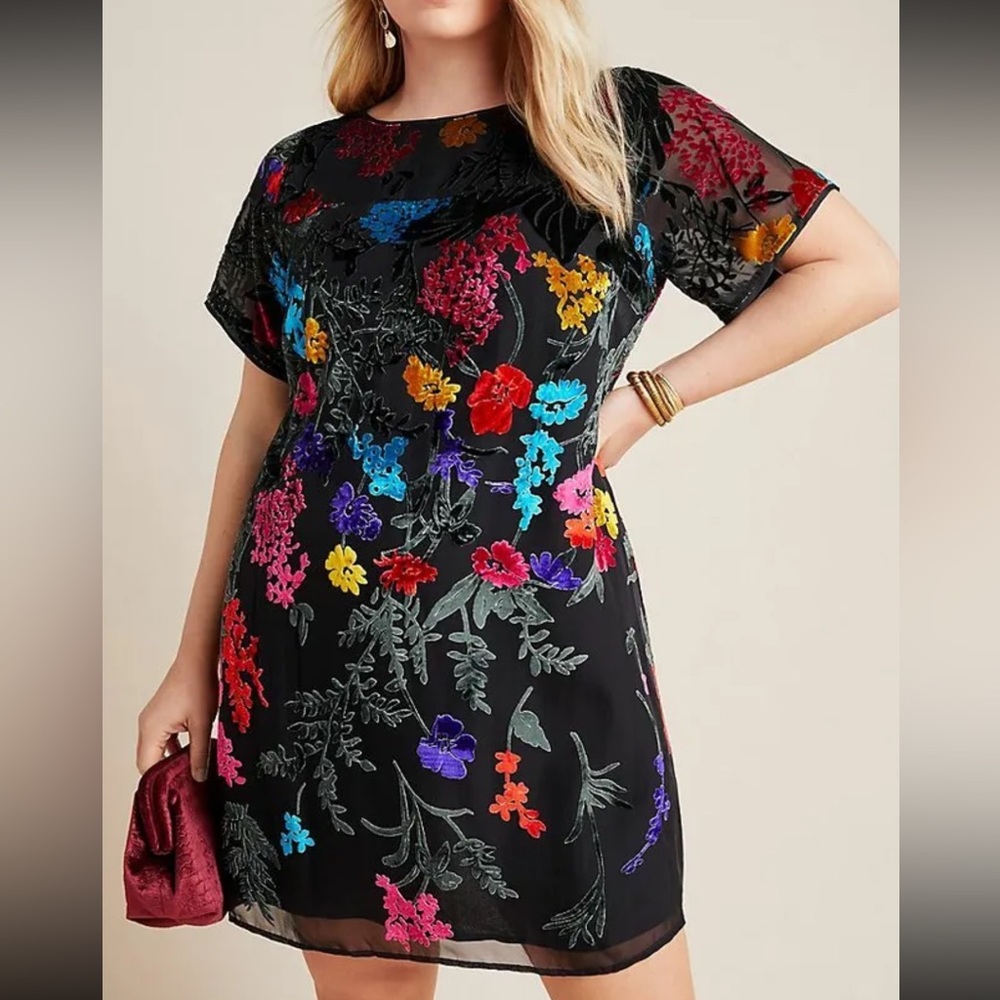 Anthropologie Black Floral Embroidered Short Dress